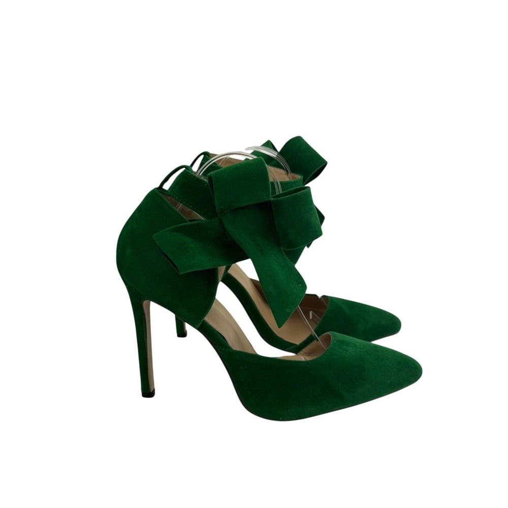 Green Faux Suede Pointed Toe Ankle Strap Bow Stiletto Pumps Heels